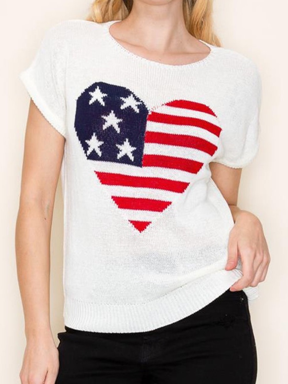Staccato Knit American Flag Heart Short Sleeve Sweater Size Medium